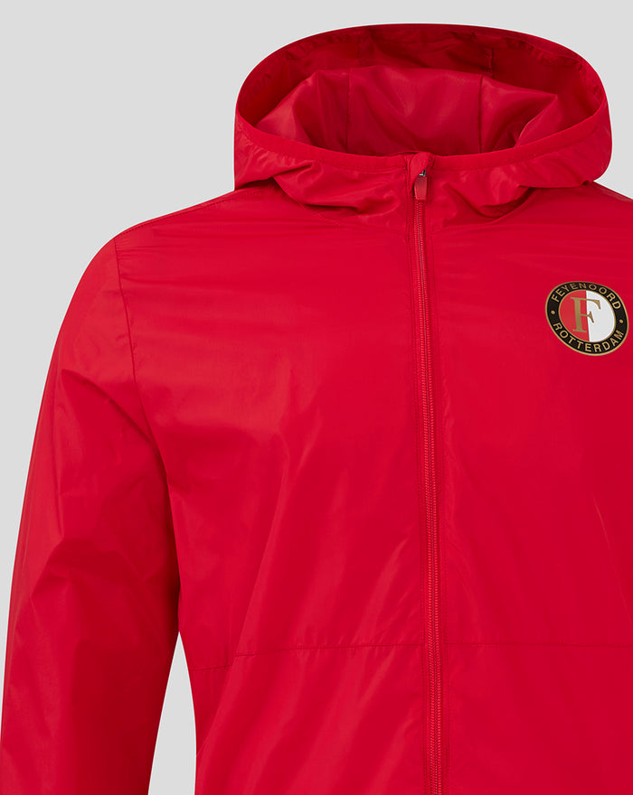 Bright red Feyenoord Core men's summer jacket with hood, front zipper and club crest on the chest