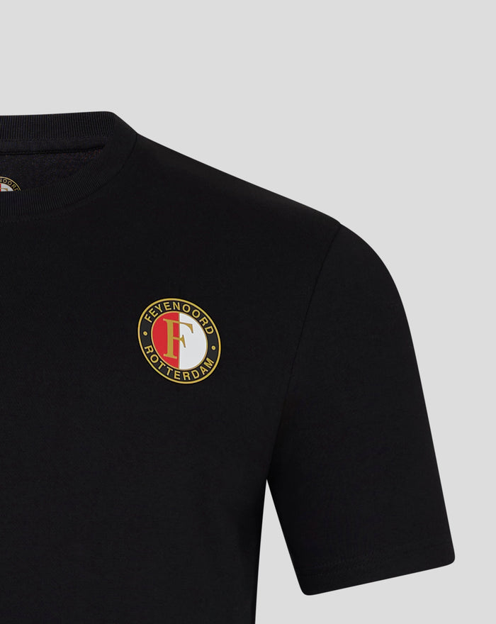 Feyenoord Rotterdam crest on the chest of a black men's T-shirt