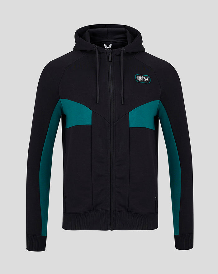 Front view of a black Feyenoord Castore hoodie with teal color block panels and drawstring hood