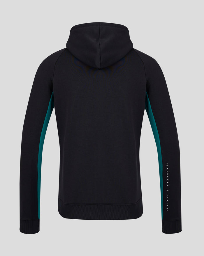 Back view of a black hooded fleece with teal side panels on the sleeves