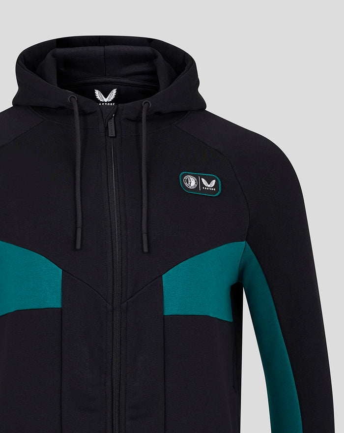 Front close up of black hooded fleece with teal panels and chest crest logo