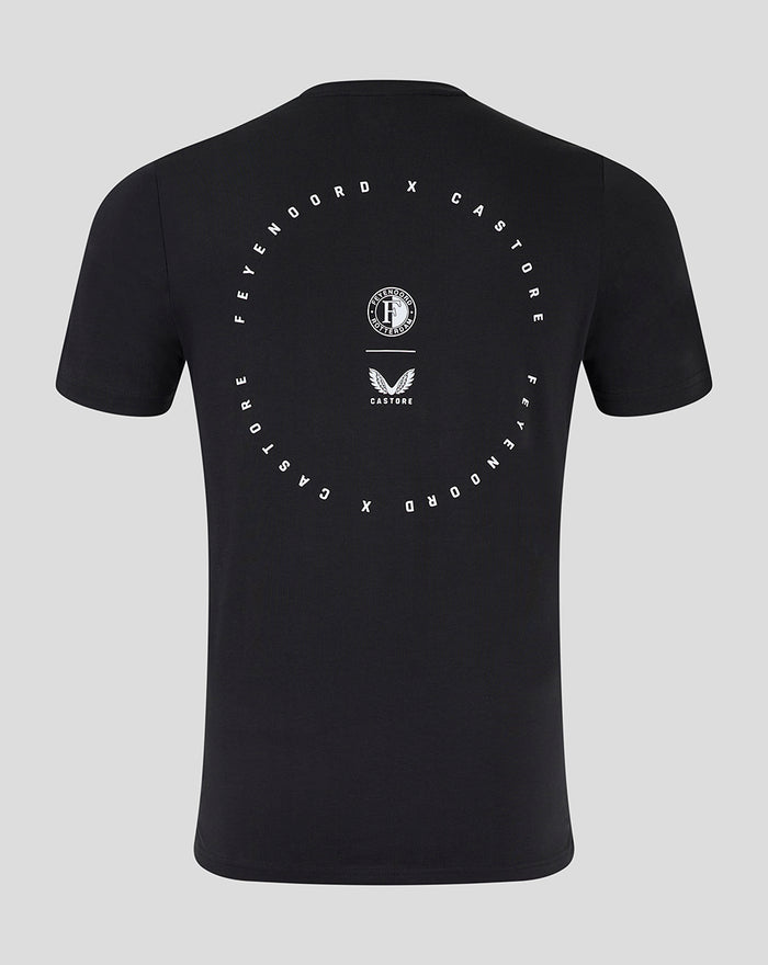 Back view of black Feyenoord x Castore T shirt with a large circular logo design on the upper back.