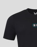 Close up of black Feyenoord x Castore T shirt showing chest patch and Castore label at neckline