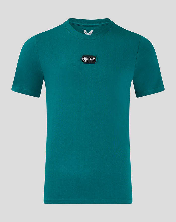 Front view of teal Feyenoord Castore cotton men's T shirt with a small chest patch.