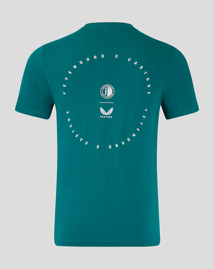 Back view of teal Feyenoord Castore cotton men's T shirt with circular white logo design on the back.