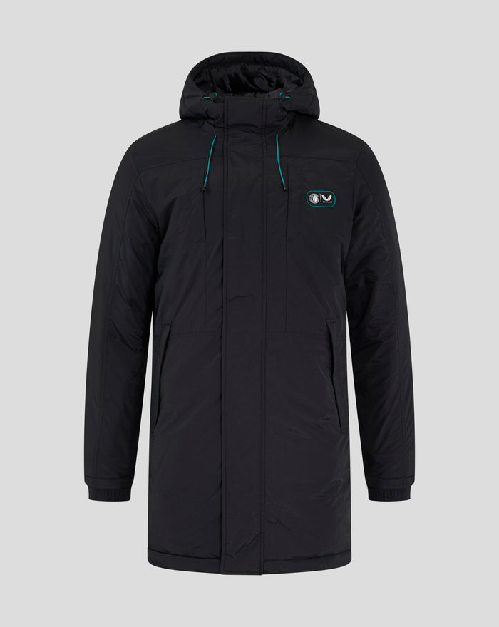 Feyenoord x Castore men's black winter jacket with hood teal drawstrings and badge on the chest
