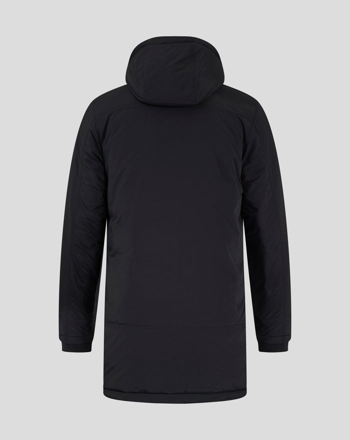 Back view of Feyenoord x Castore men's black hooded winter jacket