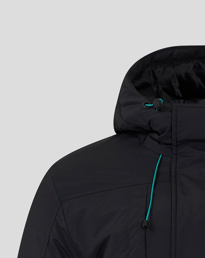 Hooded black Feyenoord Castore men's winter jacket with teal drawcord and visible seam details