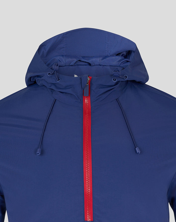 Close up of blue Feyenoord x Castore anorak showing red zipper and hood details