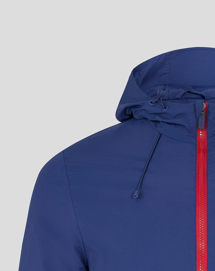 Blue Feyenoord Castore men's anorak showing shoulder seam and hood with red front zipper