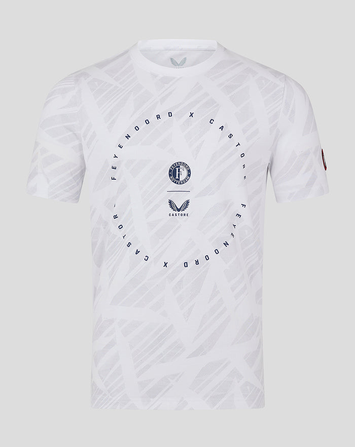 White Feyenoord x Castore men's T shirt with circular emblem and geometric pattern.