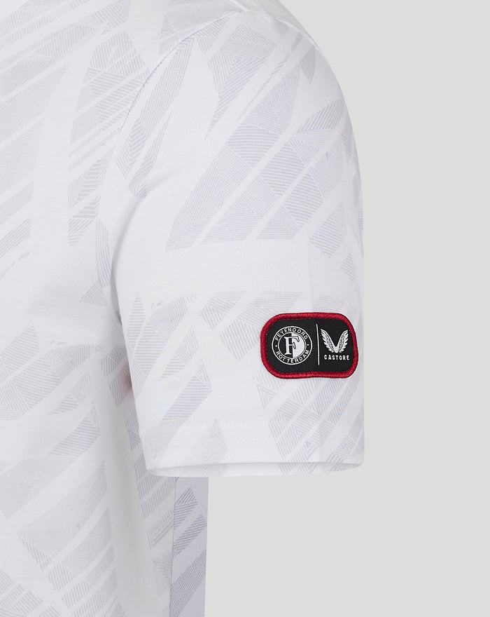 White Feyenoord x Castore men's T-shirt with subtle geometric pattern and red bordered sleeve patch
