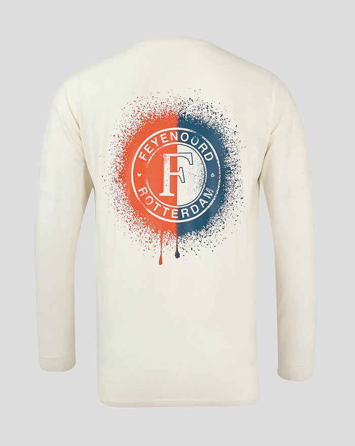 Back view of a cream Feyenoord contemporary long sleeve T shirt with a large circular orange and blue paint splatter logo