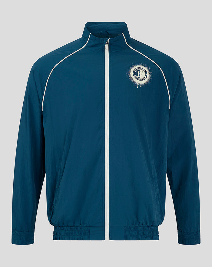 Blue Feyenoord contemporary training jacket for men with white piping and chest crest.