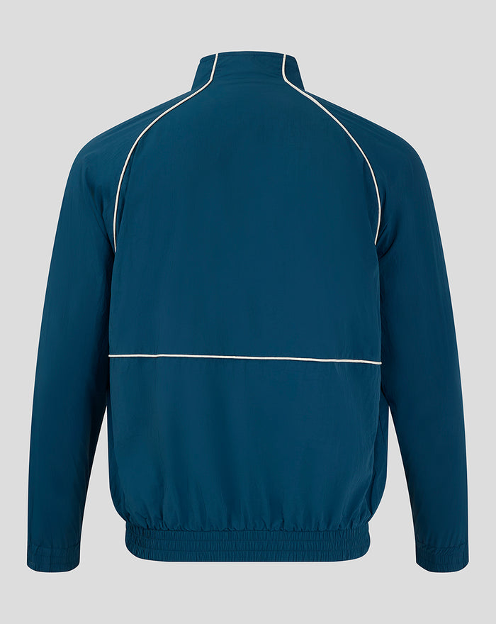 Back view of blue Feyenoord contemporary training jacket for men with white piping and a horizontal seam.