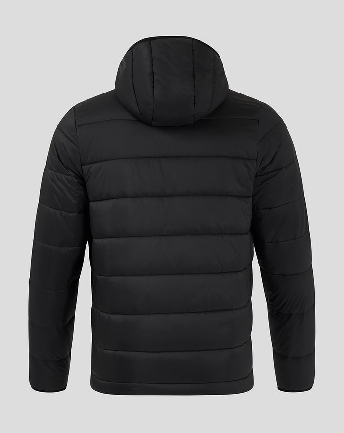 Back view of a black men's Feyenoord Core puffer jacket with a hood