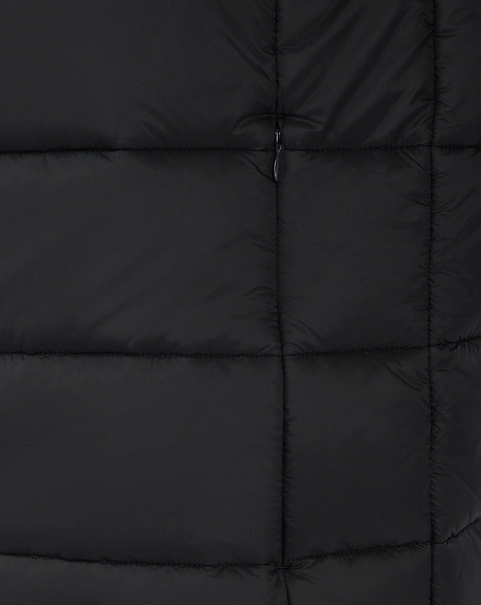 Close-up of the front zipper and quilted panels on a black FEYENOORD core puffer jacket