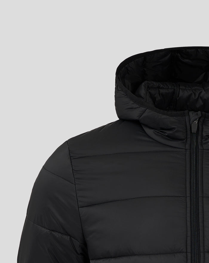 Close-up of the black hooded Feyenoord Core puffer jacket showing the hood and front zipper