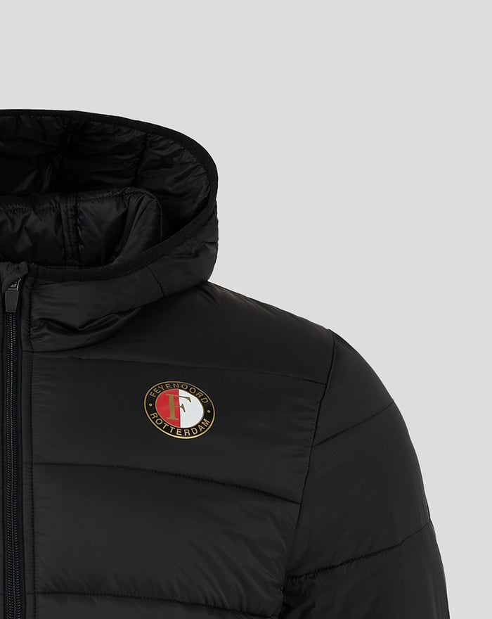 Front close-up of a black Feyenoord Core puffer jacket with a zipper and a round chest logo