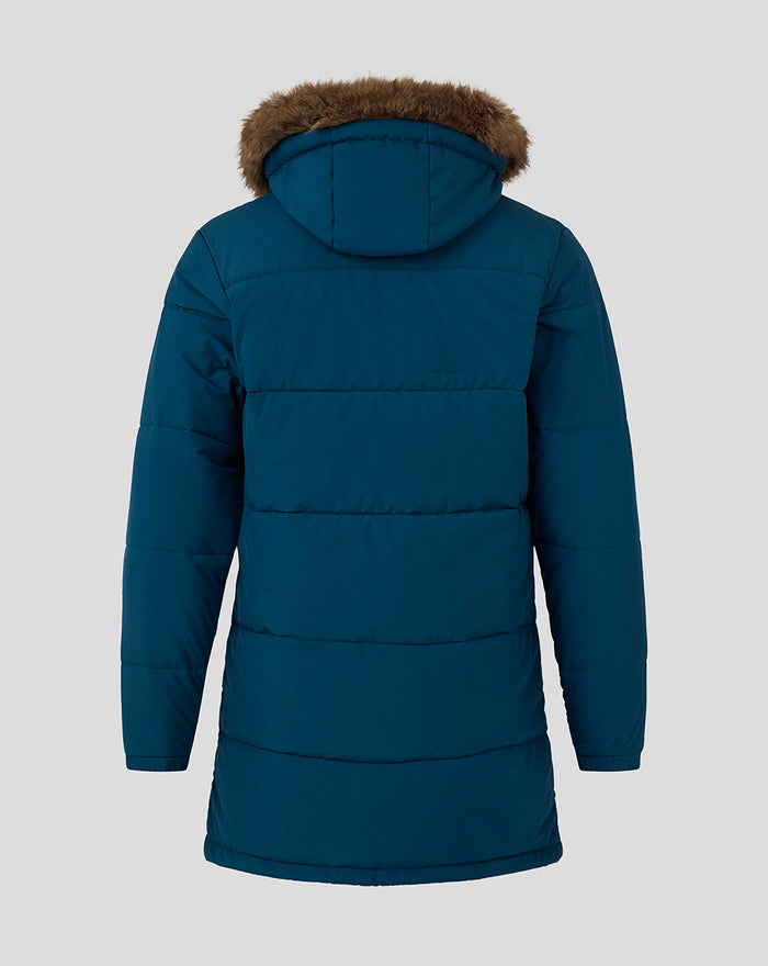 Back view of Feyenoord Contemporary Parka for men in blue with fur trimmed hood