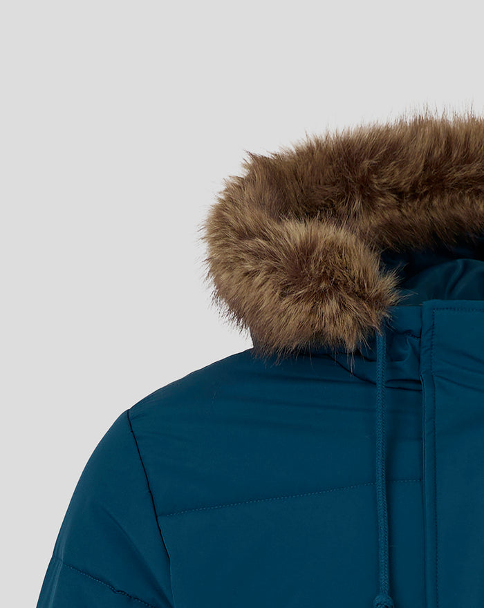 Brown fur trim around the hood of a blue Feyenoord contemporary parka for men