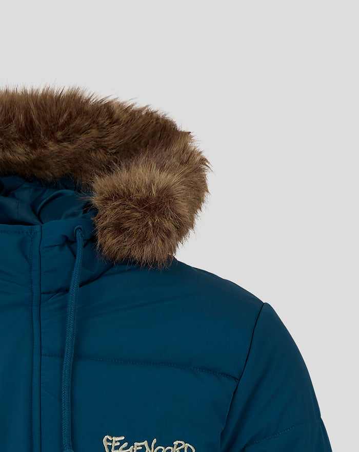 Close up of blue parka with brown fur hood and drawstrings