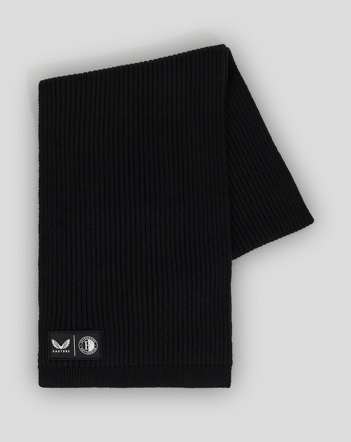 Black ribbed Feyenoord Castore scarf folded with small logo patches at the edge.