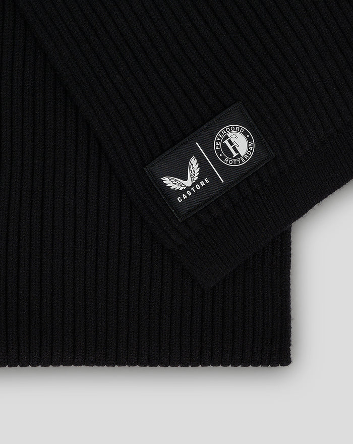 Black ribbed knit Feyenoord scarf with Castore patch and club crest.