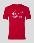 Front view of red Feyenoord Volley T shirt for adults with a white graphic of a player kicking a ball
