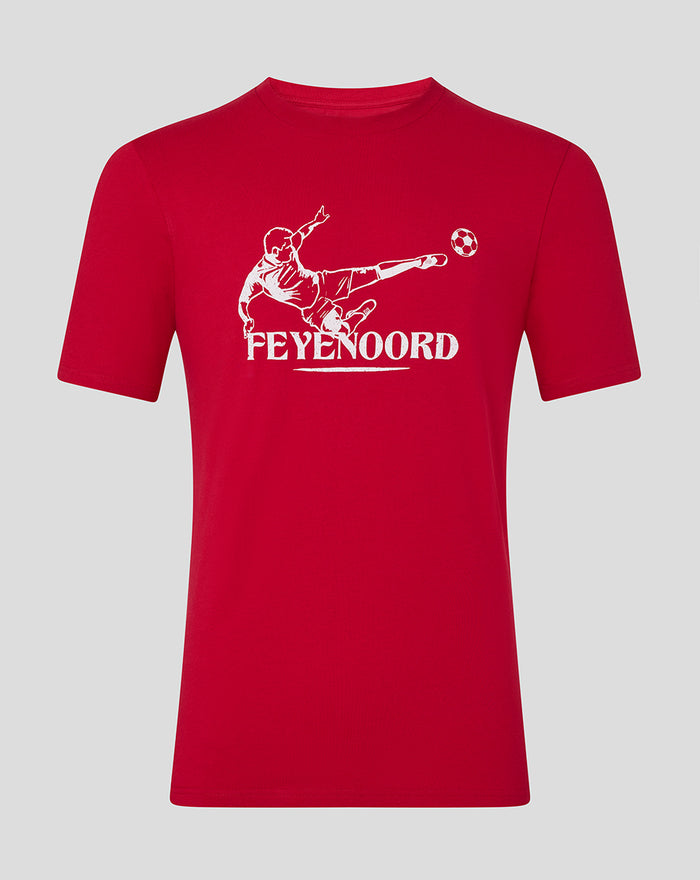 Front view of red Feyenoord Volley T shirt for adults with a white graphic of a player kicking a ball