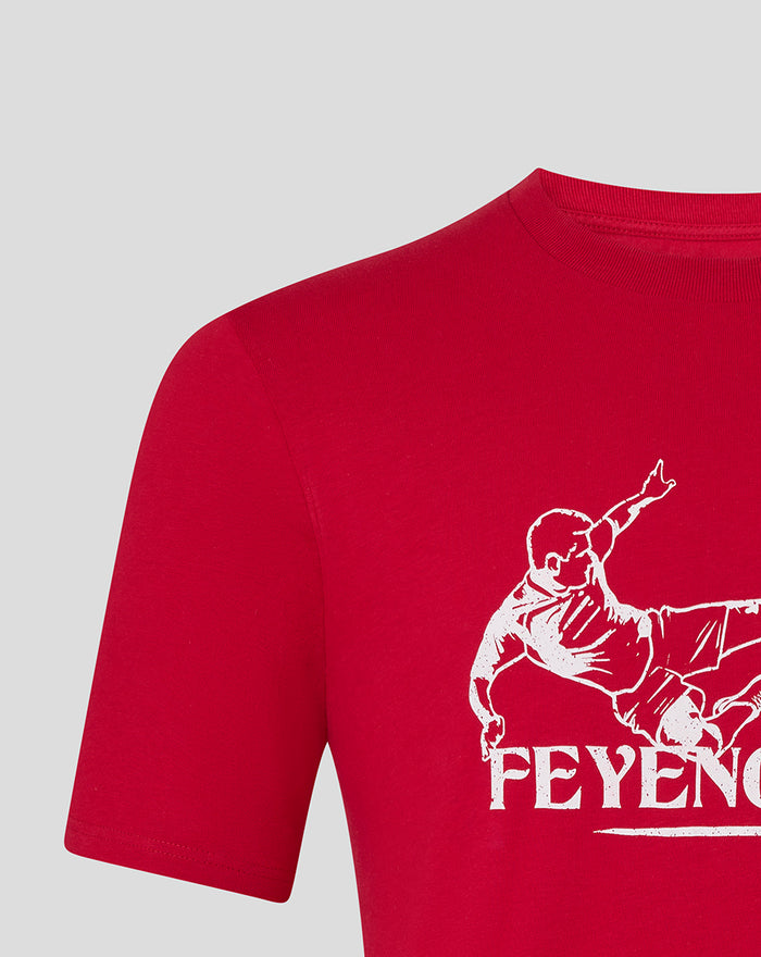 Red Feyenoord Volley T shirt for adults featuring white line art of a footballer in action and the FEYENOORD crest