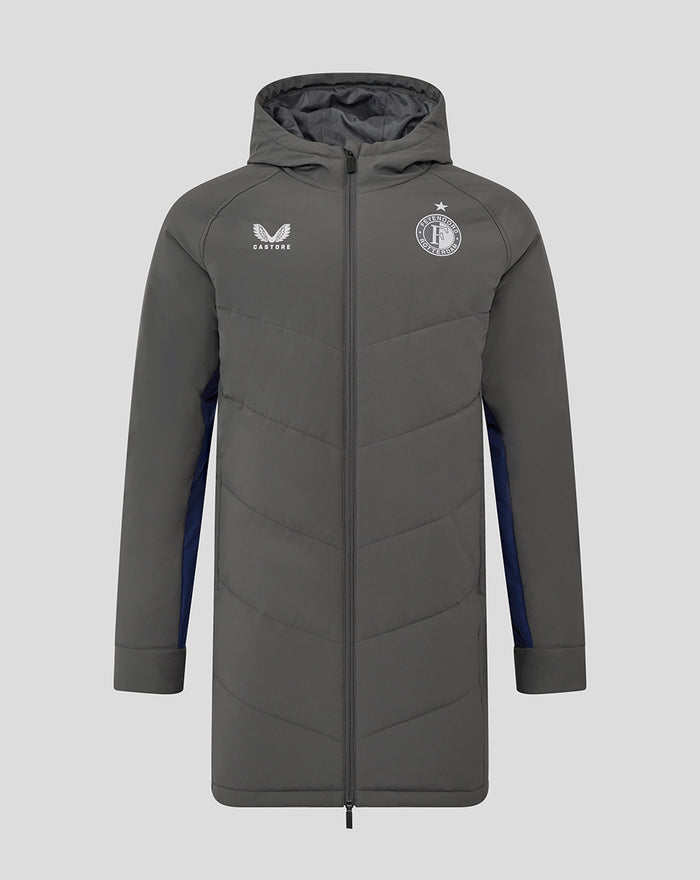 Front view of dark grey padded hooded training jacket with Feyenoord crest and Castore logo