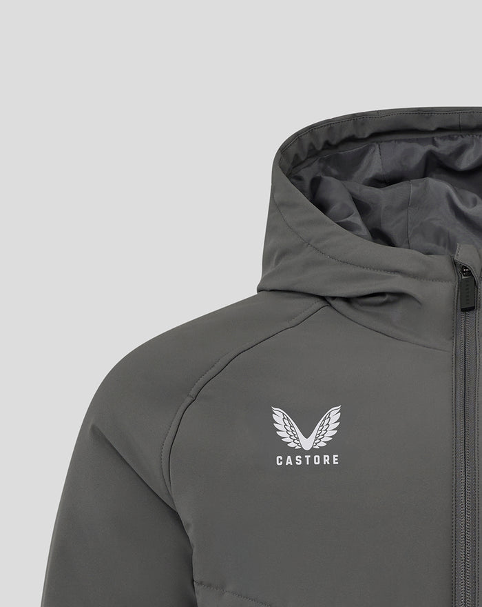 Grey hooded Feyenoord coaches training jacket with Castore logo on the chest