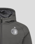 Close-up of Feyenoord crest on chest of grey hooded training jacket