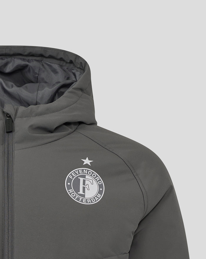 Close-up of Feyenoord crest on chest of grey hooded training jacket