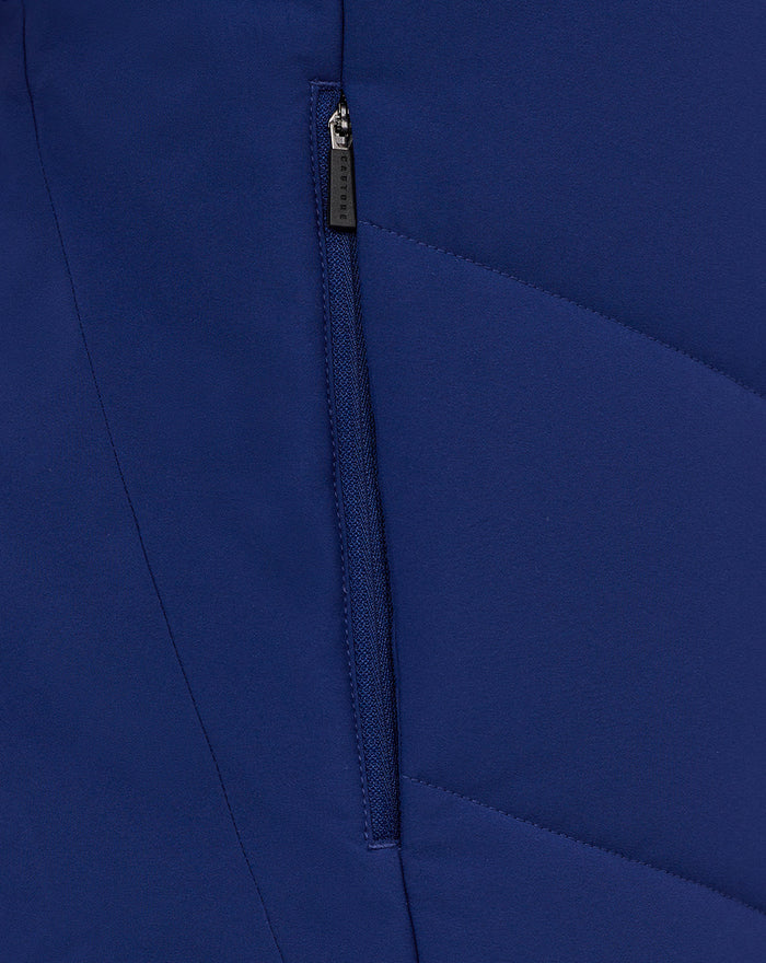 Close up of navy blue training jacket fabric with a vertical zipper detail