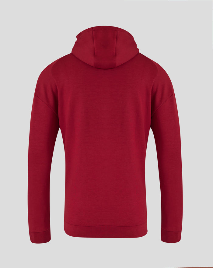 Back view of red Feyenoord travel hoodie with hood and clean design.