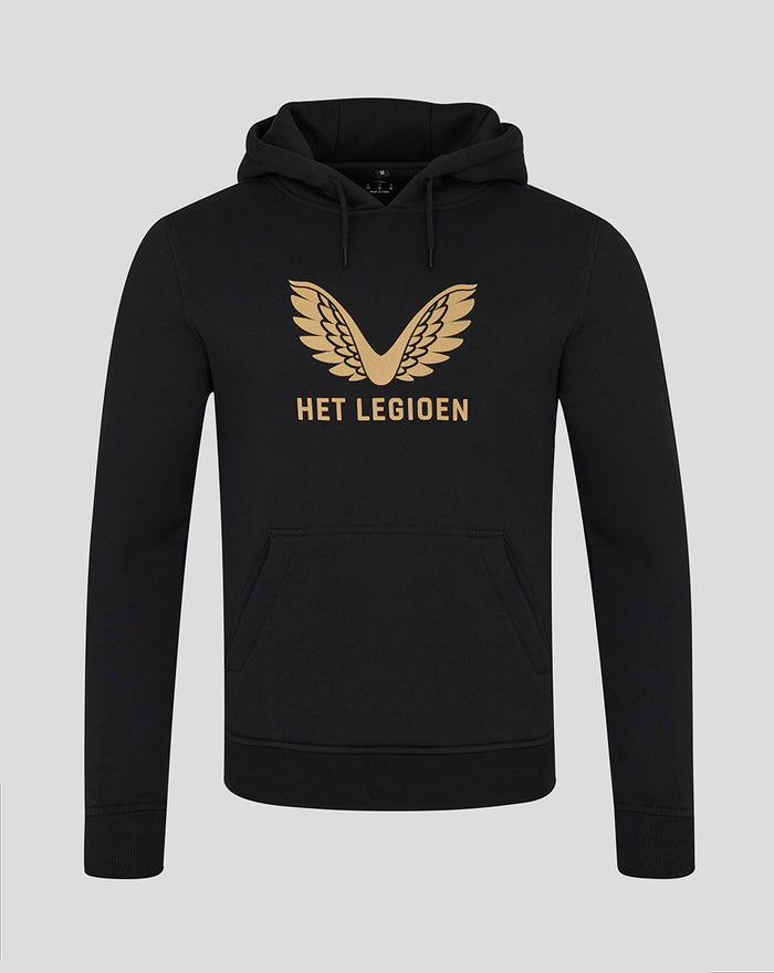Front view of black hoodie with gold wing emblem and HET LEGIOEN on the chest