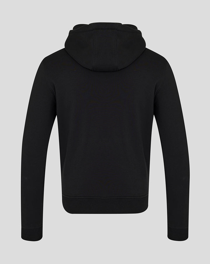 Back view of black Het Twaalfde Shirt hoodie for adults with the hood resting at the neck