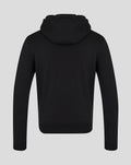 Back view of black Het Twaalfde Shirt hoodie for adults with the hood resting at the neck