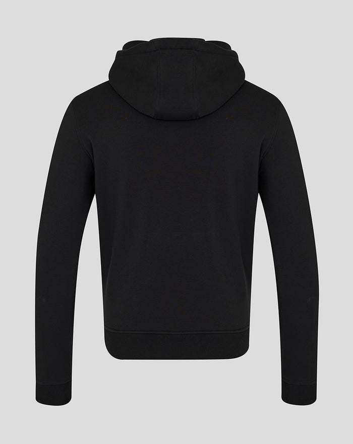 Back view of black Het Twaalfde Shirt hoodie for adults with the hood resting at the neck