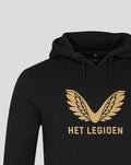 Close up of black hoodie chest with gold wing emblem and Het Legioen lettering