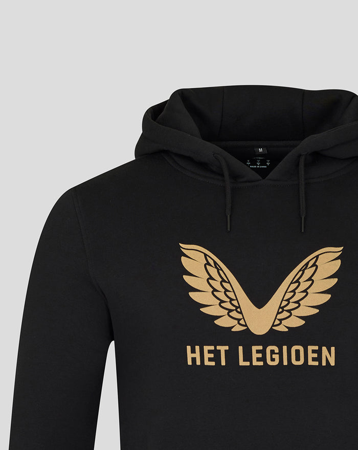 Close up of black hoodie chest with gold wing emblem and Het Legioen lettering