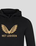 Close up of black hoodie upper torso showing gold wing logo and drawstring hood