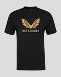 Front view of a black adult T-shirt with a gold wing emblem and Het Legioen text centered on the chest