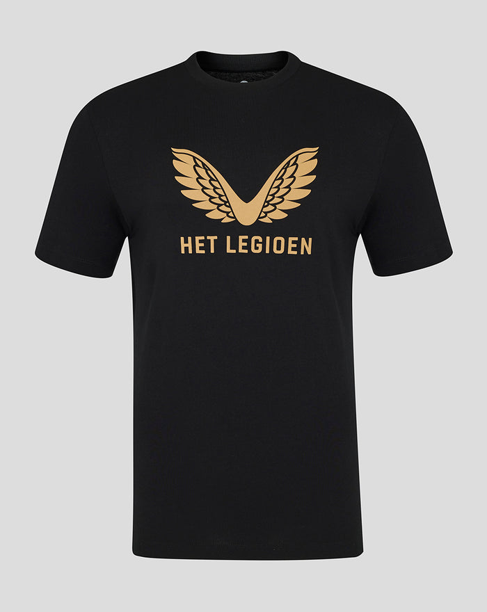 Front view of a black adult T-shirt with a gold wing emblem and Het Legioen text centered on the chest