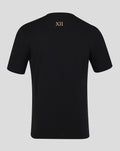 Back view of black T-shirt with gold XII emblem at the upper back.