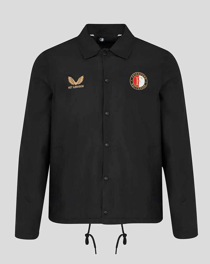Front view of black walkout jacket with gold wing logo on left chest and Feyenoord crest on the right chest