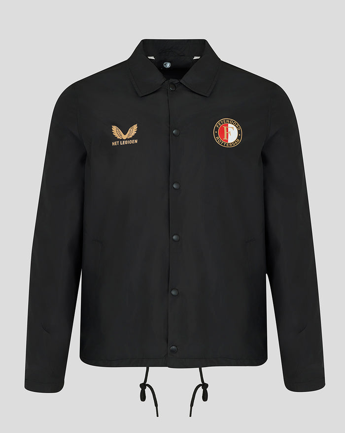 Front view of black walkout jacket with gold wing logo on left chest and Feyenoord crest on the right chest