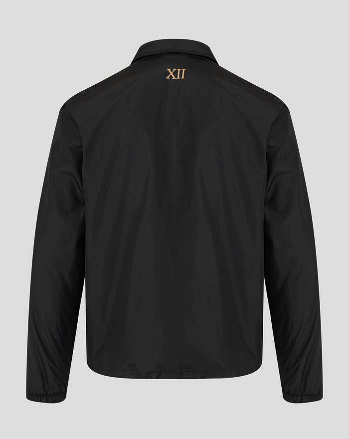 Back view of black walkout jacket with gold XII roman numeral near the collar